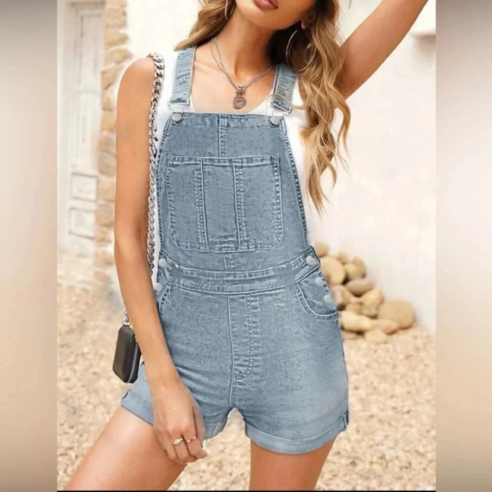 Women Light Washed Denim Overalls Shorts For Summer